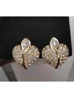 Swarovski Vintage Pave Crystal Rhinestone Gold Plated Earrings Swan Signed